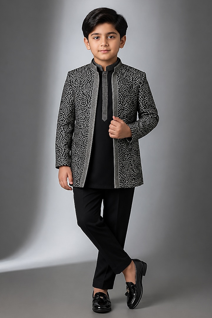 Black Velvet Hand Work Indowestern Set For Boys by Nero by Shaifali & Satya Kids at Pernia's Pop Up Shop