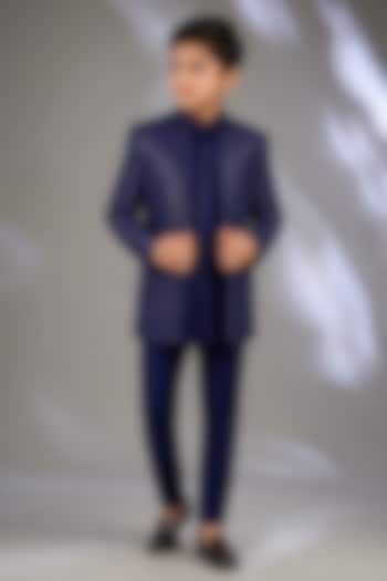 Royal Blue Lucknowi Hand Work Indowestern Set For Boys by Nero by Shaifali & Satya Kids at Pernia's Pop Up Shop