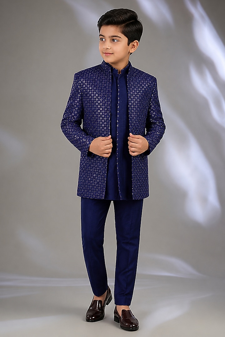 Royal Blue Lucknowi Hand Work Indowestern Set For Boys by Nero by Shaifali & Satya Kids at Pernia's Pop Up Shop