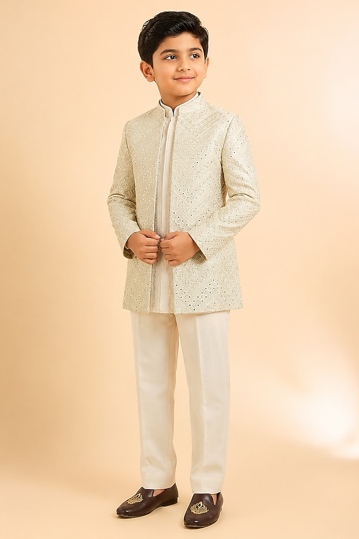 Ivory Silk Mirror Work Indowestern Set For Boys by Nero by Shaifali & Satya Kids at Pernia's Pop Up Shop