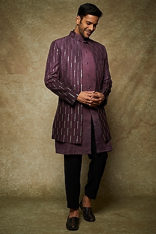 Wine Dupion Silk Embroidered Indowestern Set by Nero by Shaifali & Satya