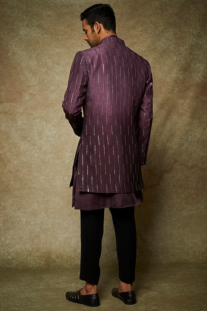 Wine Dupion Silk Embroidered Wedding Indowestern Set by Nero by Shaifali & Satya at Pernia's Pop Up Shop