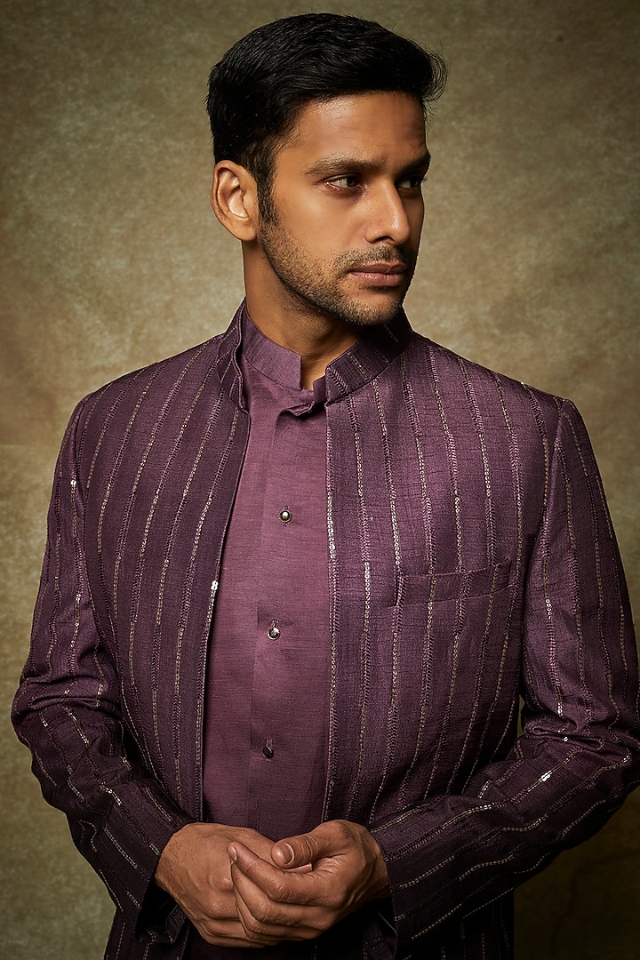 Wine Dupion Silk Embroidered Wedding Indowestern Set by Nero by Shaifali & Satya at Pernia's Pop Up Shop