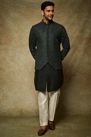 Bottle Green Embroidered Indowestern Set by Nero by Shaifali & Satya