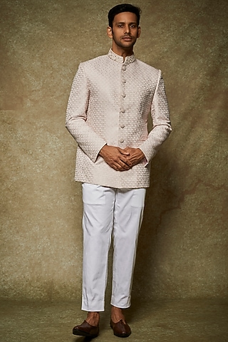 Light Pink Jacquard Embroidered Jodhpuri Set by Nero by Shaifali & Satya