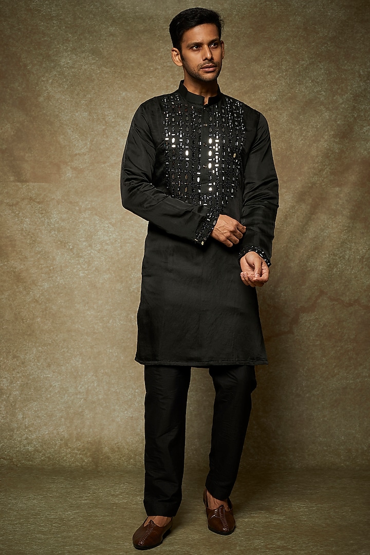 Black Linen Satin Embroidered Kurta Set   by Nero by Shaifali & Satya