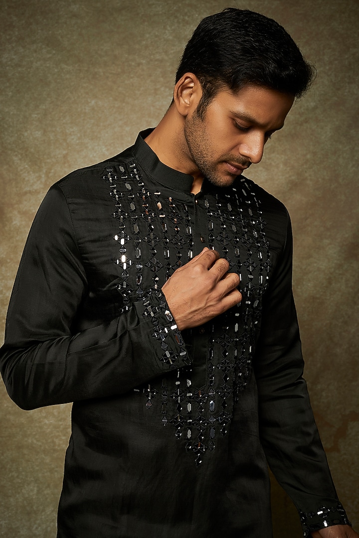 Black Linen Satin Embroidered Kurta Set by Nero by Shaifali & Satya at Pernia's Pop Up Shop