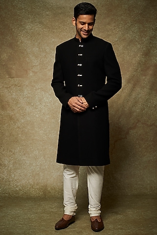 Black Dobby Indowestern Jacket Set by Nero by Shaifali & Satya