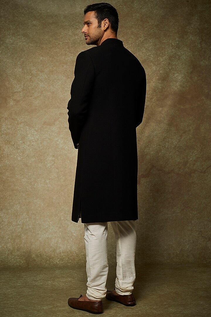 Black Dobby Wedding Indowestern Jacket Set by Nero by Shaifali & Satya at Pernia's Pop Up Shop