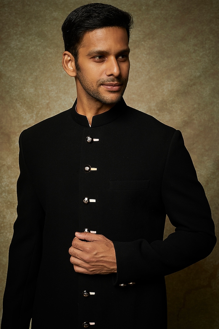 Black Dobby Wedding Indowestern Jacket Set by Nero by Shaifali & Satya at Pernia's Pop Up Shop