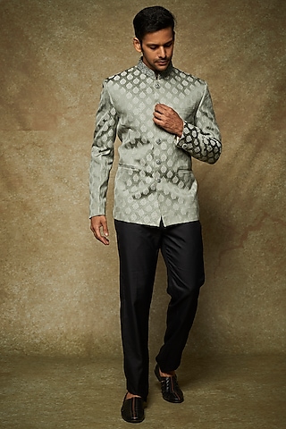 Pastel Green Jacquard Embroidered Jodhpuri Set by Nero by Shaifali & Satya