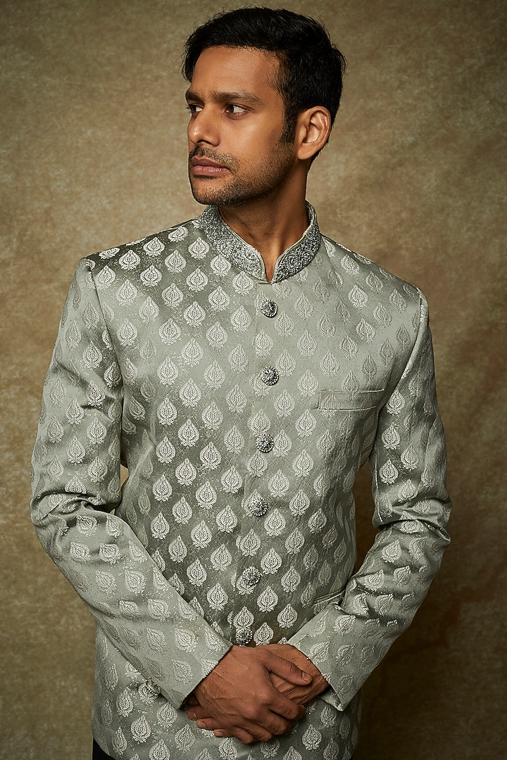 Pastel Green Jacquard Embroidered Jodhpuri Set by Nero by Shaifali & Satya at Pernia's Pop Up Shop