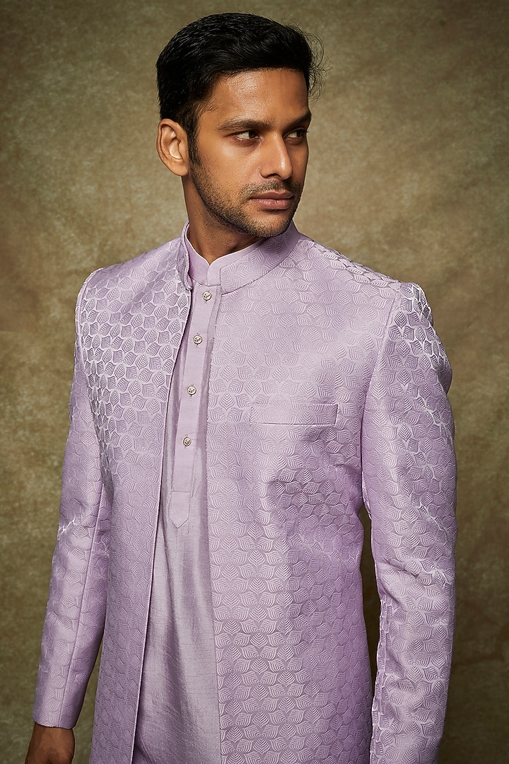 Lilac Jacquard Wedding Indowestern Set by Nero by Shaifali & Satya at Pernia's Pop Up Shop
