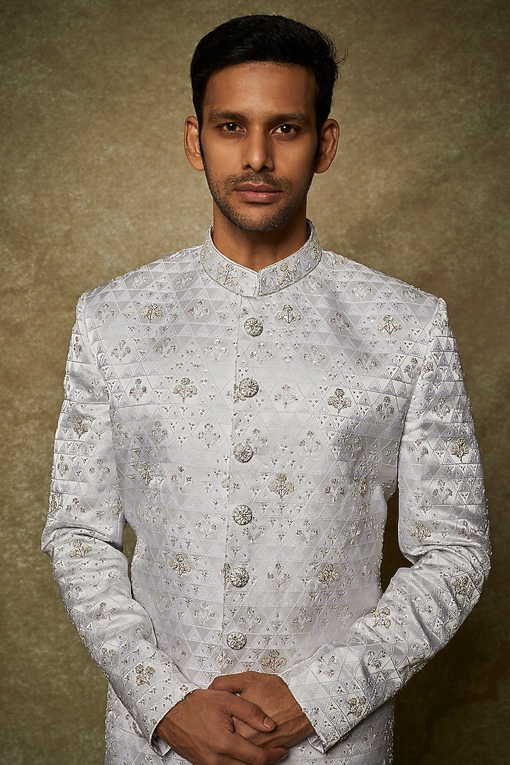 White Jacquard Embroidered Wedding Sherwani Set by Nero by Shaifali & Satya at Pernia's Pop Up Shop