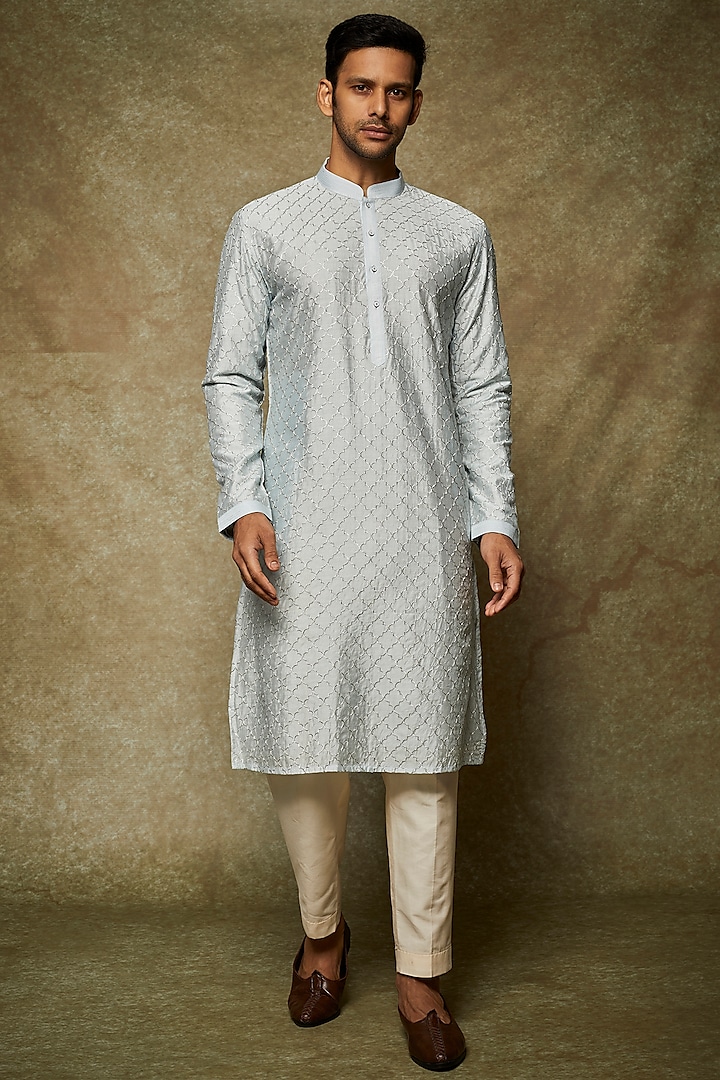 Blue Silk Embroidered Kurta Set by Nero by Shaifali & Satya