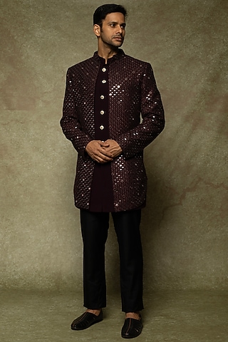 Wine Lucknowi Embroidered Indowestern Set by Nero by Shaifali & Satya