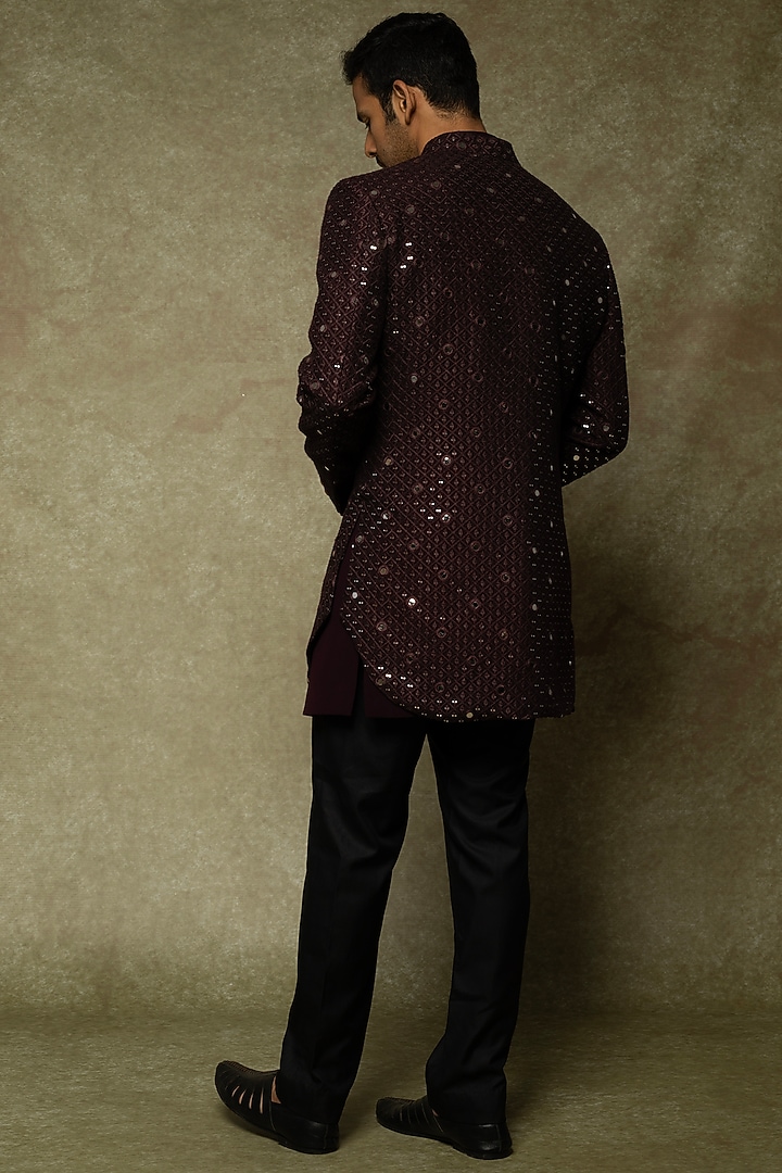 Wine Lucknowi Embroidered Wedding Indowestern Set by Nero by Shaifali & Satya at Pernia's Pop Up Shop