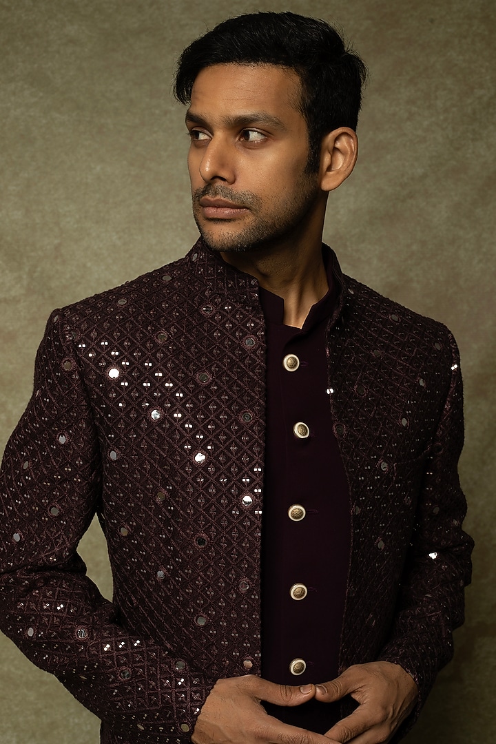 Wine Lucknowi Embroidered Wedding Indowestern Set by Nero by Shaifali & Satya at Pernia's Pop Up Shop