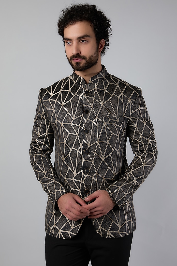 Black Jacquard Wedding Bandhgala Set by Nero by Shaifali & Satya at Pernia's Pop Up Shop