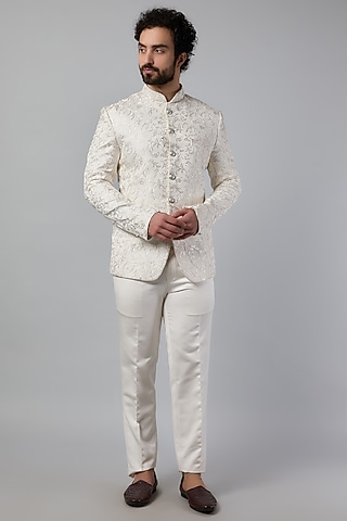 Ivory Jacquard Thread Embroidered Bandhgala Set by Nero by Shaifali & Satya