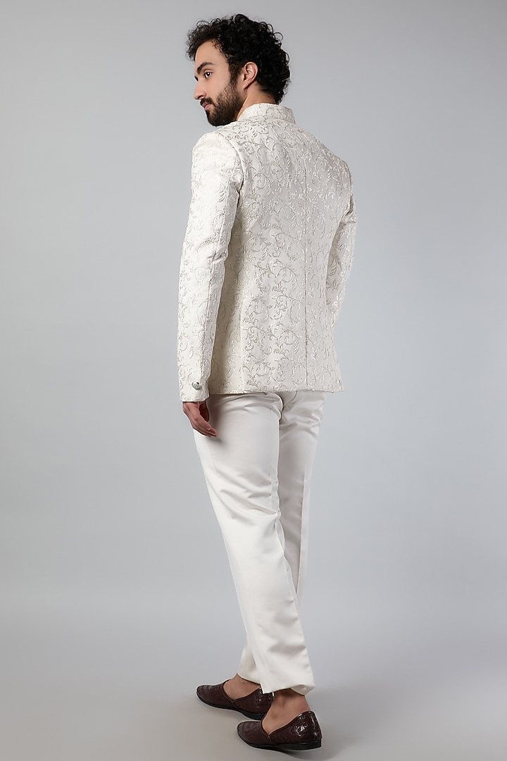 Ivory Jacquard Thread Embroidered Wedding Bandhgala Set by Nero by Shaifali & Satya at Pernia's Pop Up Shop