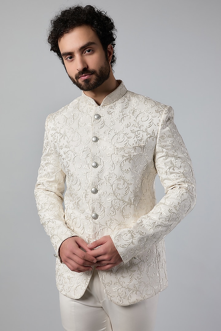Ivory Jacquard Thread Embroidered Wedding Bandhgala Set by Nero by Shaifali & Satya at Pernia's Pop Up Shop