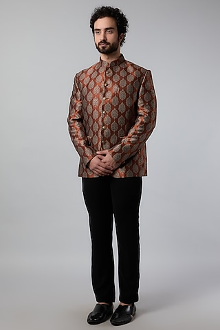 Brown Jacquard Bandhgala Set by Nero by Shaifali & Satya