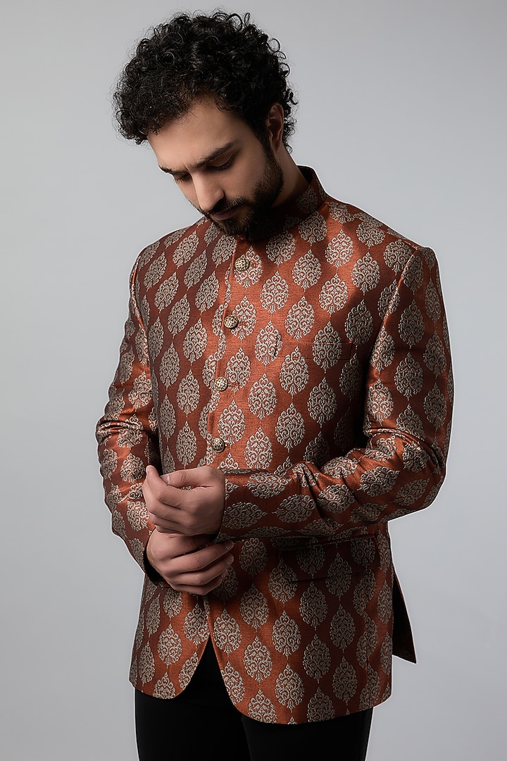 Brown Jacquard Wedding Bandhgala Set by Nero by Shaifali & Satya at Pernia's Pop Up Shop