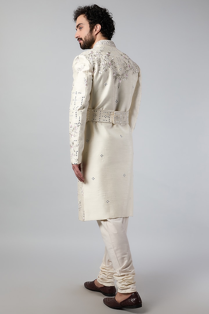 Cream Pure Silk Floral Embroidered Wedding Sherwani Set by Nero by Shaifali & Satya at Pernia's Pop Up Shop