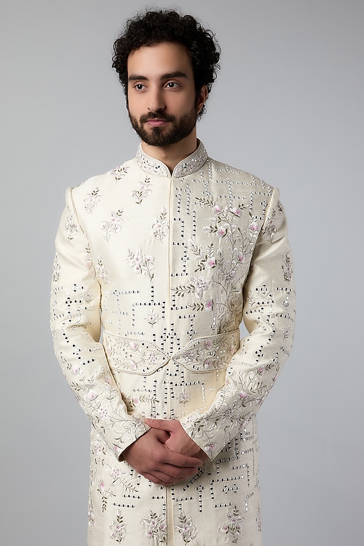 Cream Pure Silk Floral Embroidered Wedding Sherwani Set by Nero by Shaifali & Satya at Pernia's Pop Up Shop