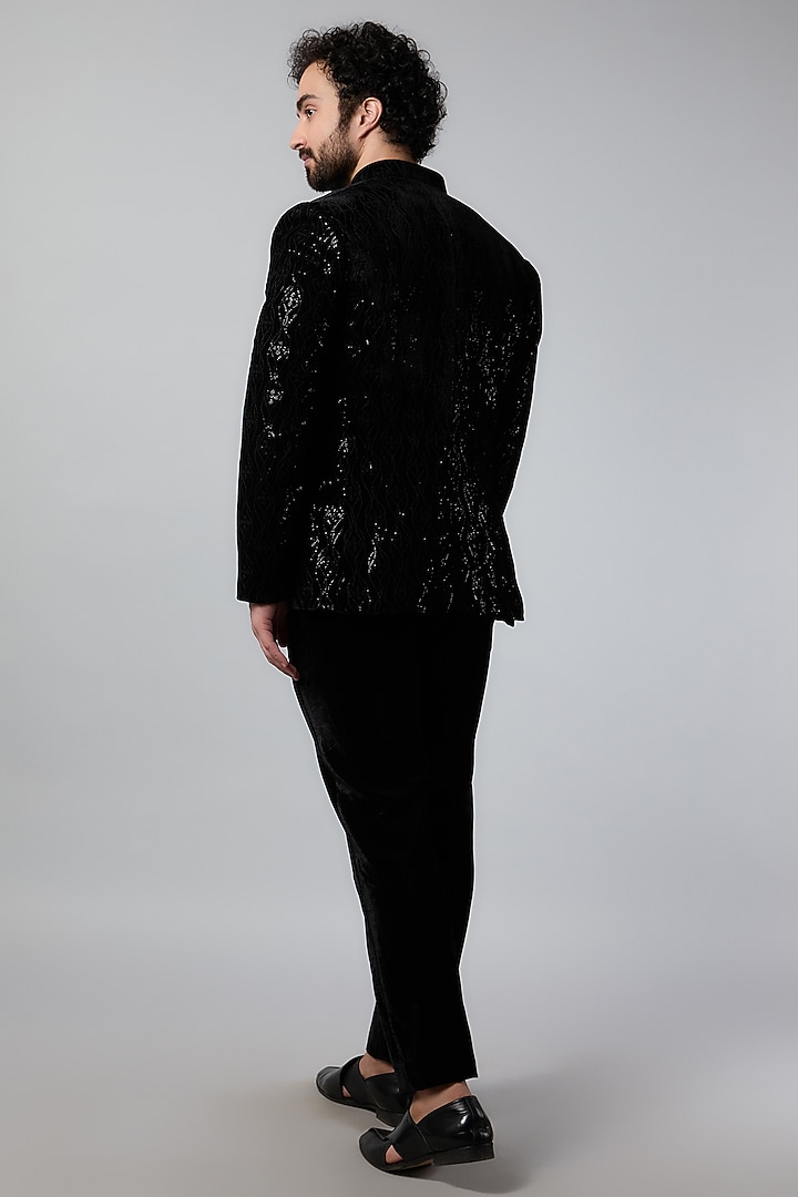 Black Velvet Sequins Work Wedding Indowestern Set by Nero by Shaifali & Satya at Pernia's Pop Up Shop