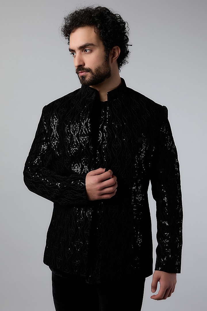 Black Velvet Sequins Work Wedding Indowestern Set by Nero by Shaifali & Satya at Pernia's Pop Up Shop