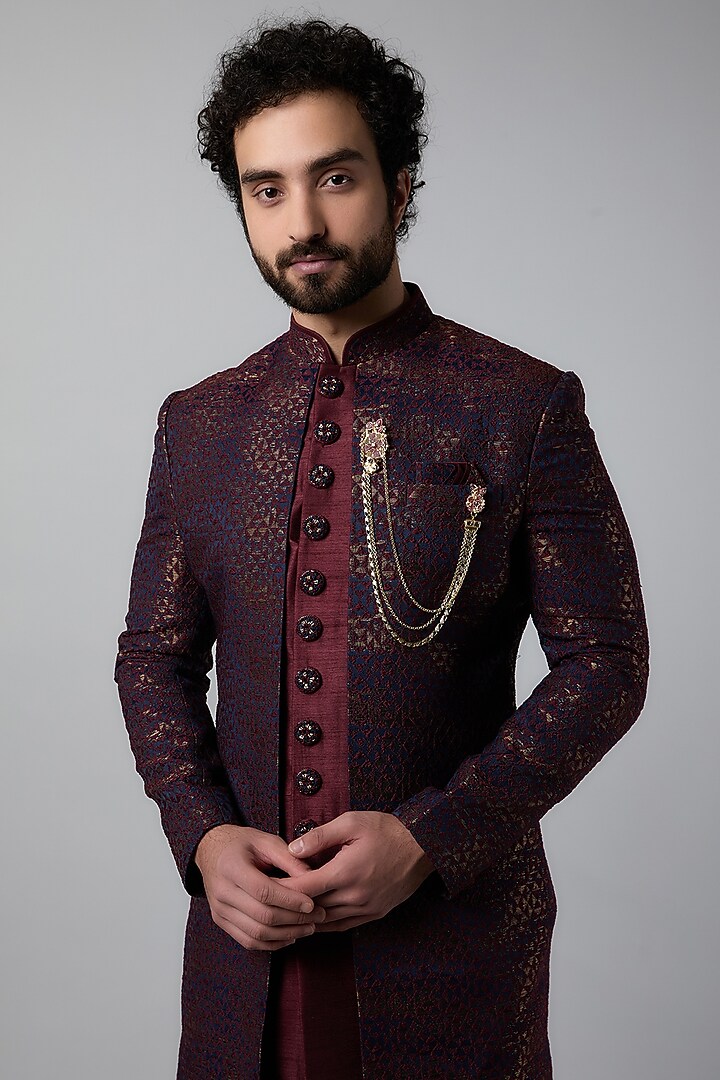 Purple Jacquard Wedding Indowestern Set by Nero by Shaifali & Satya at Pernia's Pop Up Shop