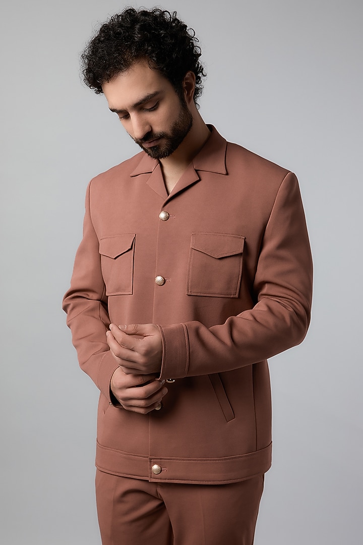 Rust Textured Fabric Jacket Set by Nero by Shaifali & Satya at Pernia's Pop Up Shop