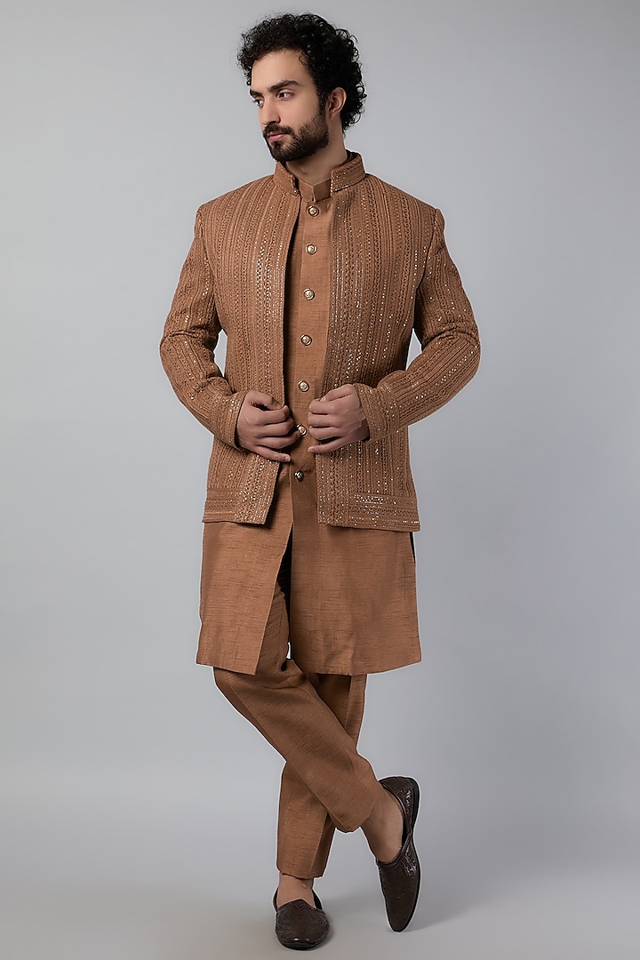 Brown Lucknowi Hand Work Indowestern Set by Nero by Shaifali & Satya