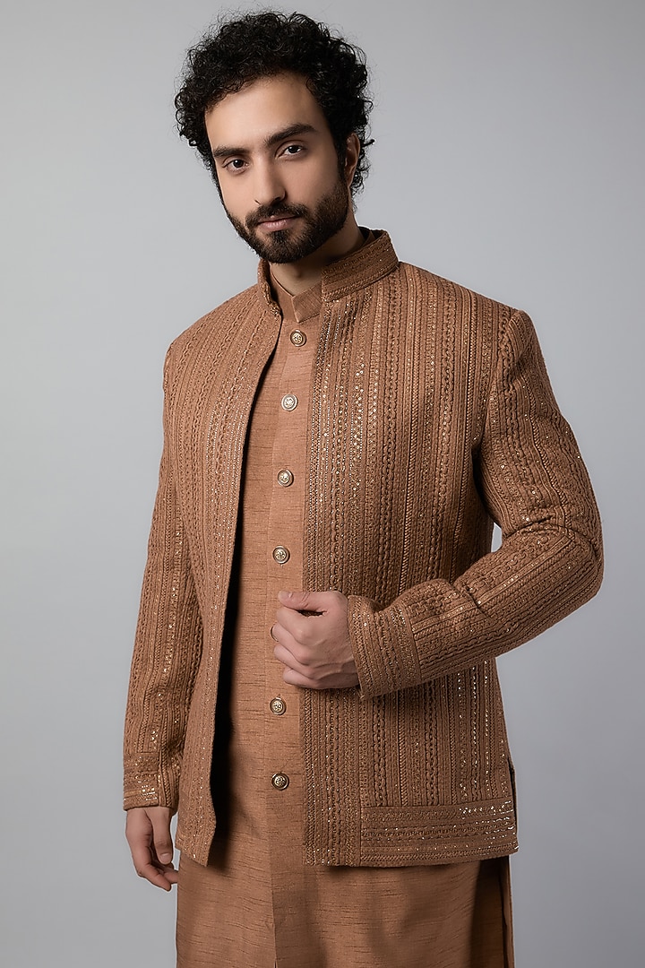 Brown Lucknowi Hand Work Wedding Indowestern Set by Nero by Shaifali & Satya at Pernia's Pop Up Shop