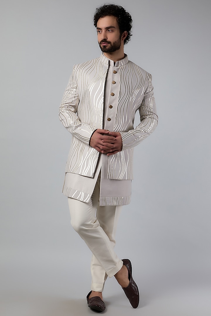 Grey Indian Silk Embroidered Indowestern Set by Nero by Shaifali & Satya