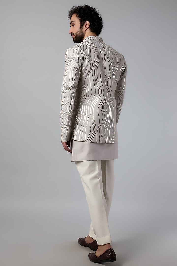 Grey Indian Silk Embroidered Wedding Indowestern Set by Nero by Shaifali & Satya at Pernia's Pop Up Shop