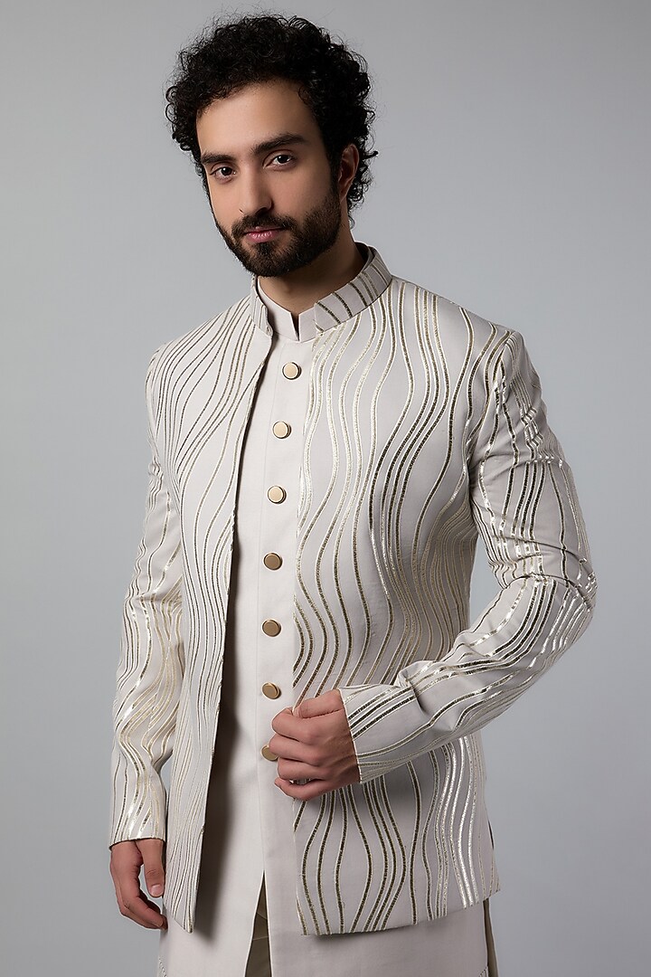 Grey Indian Silk Embroidered Wedding Indowestern Set by Nero by Shaifali & Satya at Pernia's Pop Up Shop