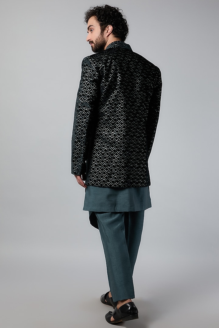 Teal Green Linen Silk Wedding Indowestern Set by Nero by Shaifali & Satya at Pernia's Pop Up Shop