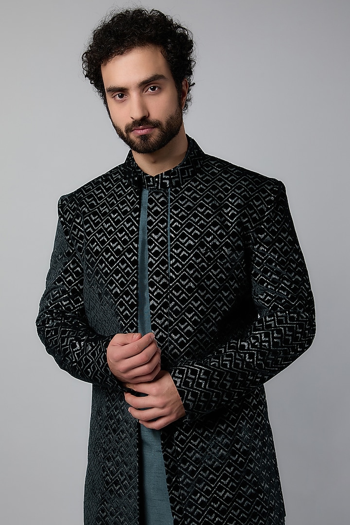 Teal Green Linen Silk Wedding Indowestern Set by Nero by Shaifali & Satya at Pernia's Pop Up Shop