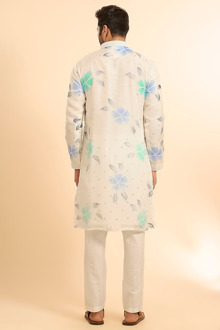 White Chanderi Silk Handpainted Kurta Set by Nero by Shaifali & Satya at Pernia's Pop Up Shop
