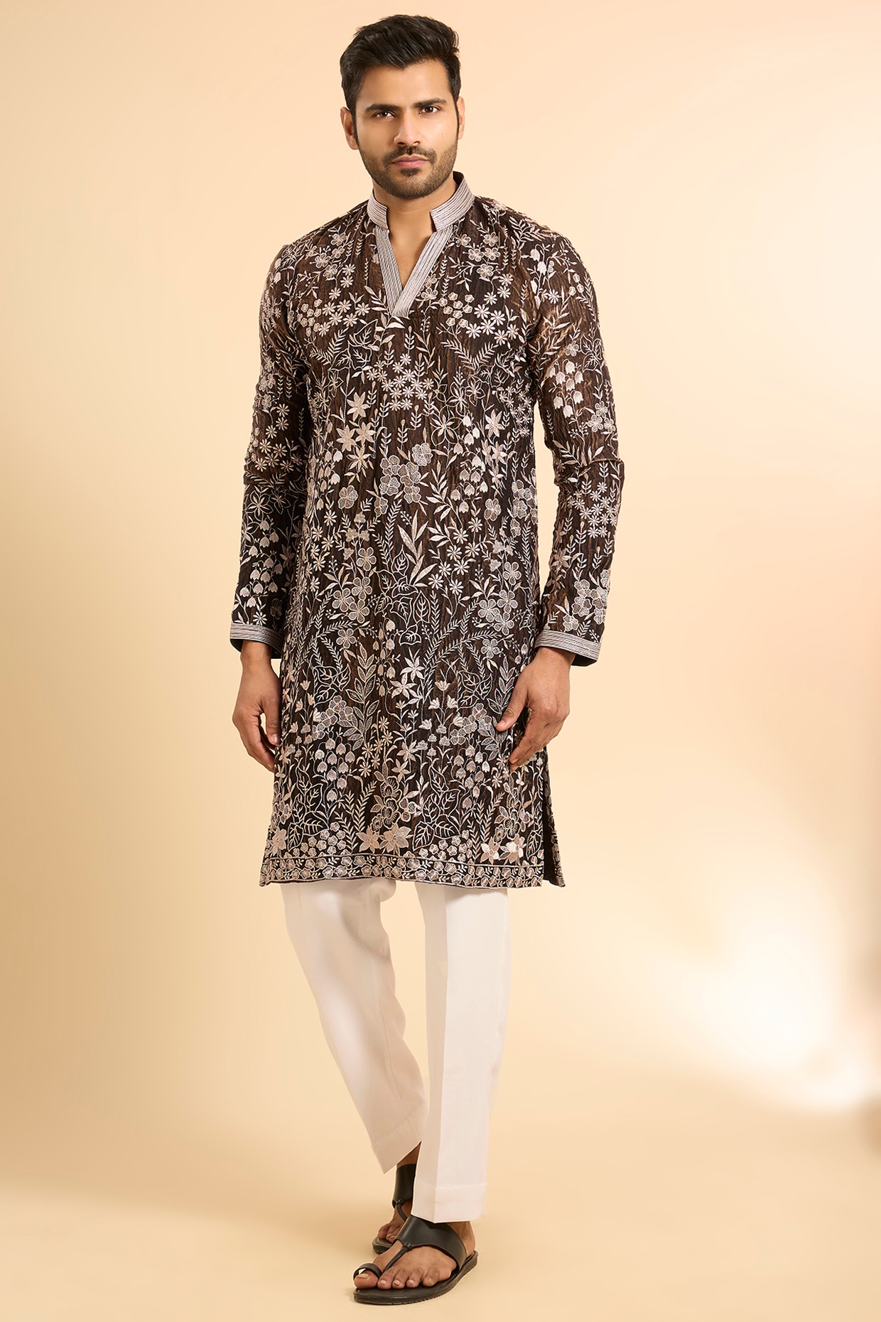 Nero by Shaifali & Satya Black Tissue Silk Threadwork Kurta Set