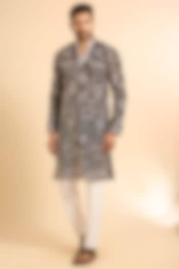 Black Tissue Silk Threadwork Kurta Set by Nero By Shaifali & Satya at Pernia's Pop Up Shop