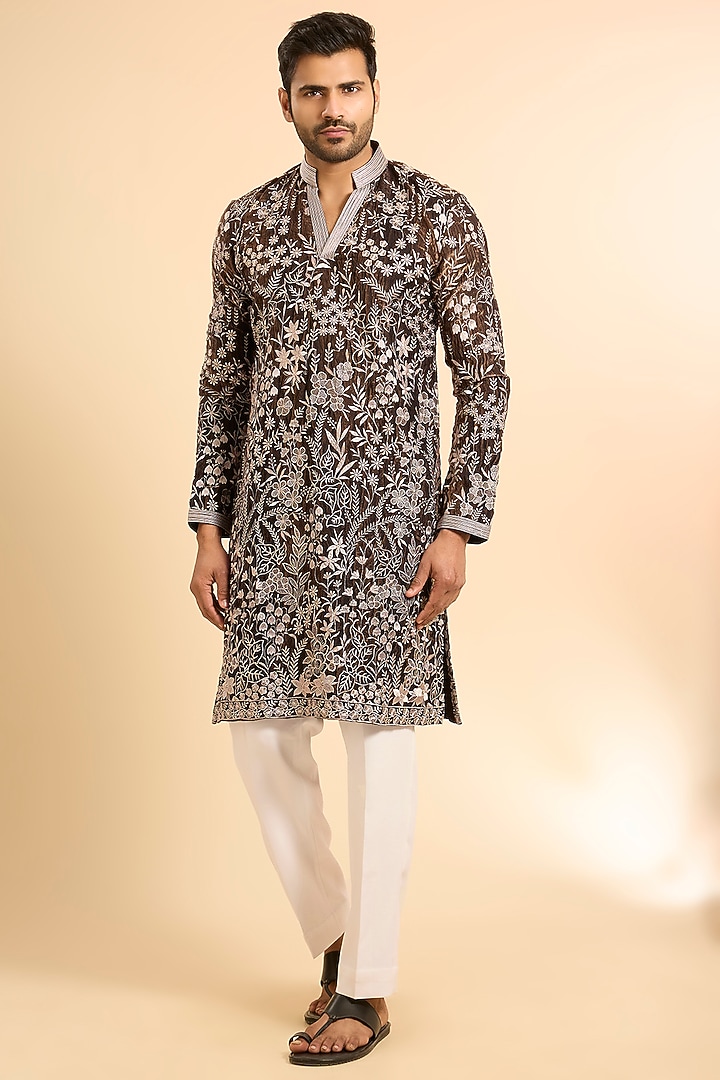 Black Tissue Silk Threadwork Kurta Set by Nero By Shaifali & Satya at Pernia's Pop Up Shop