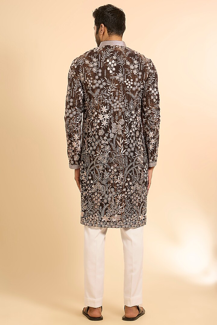 Black Tissue Silk Threadwork Kurta Set by Nero by Shaifali & Satya at Pernia's Pop Up Shop