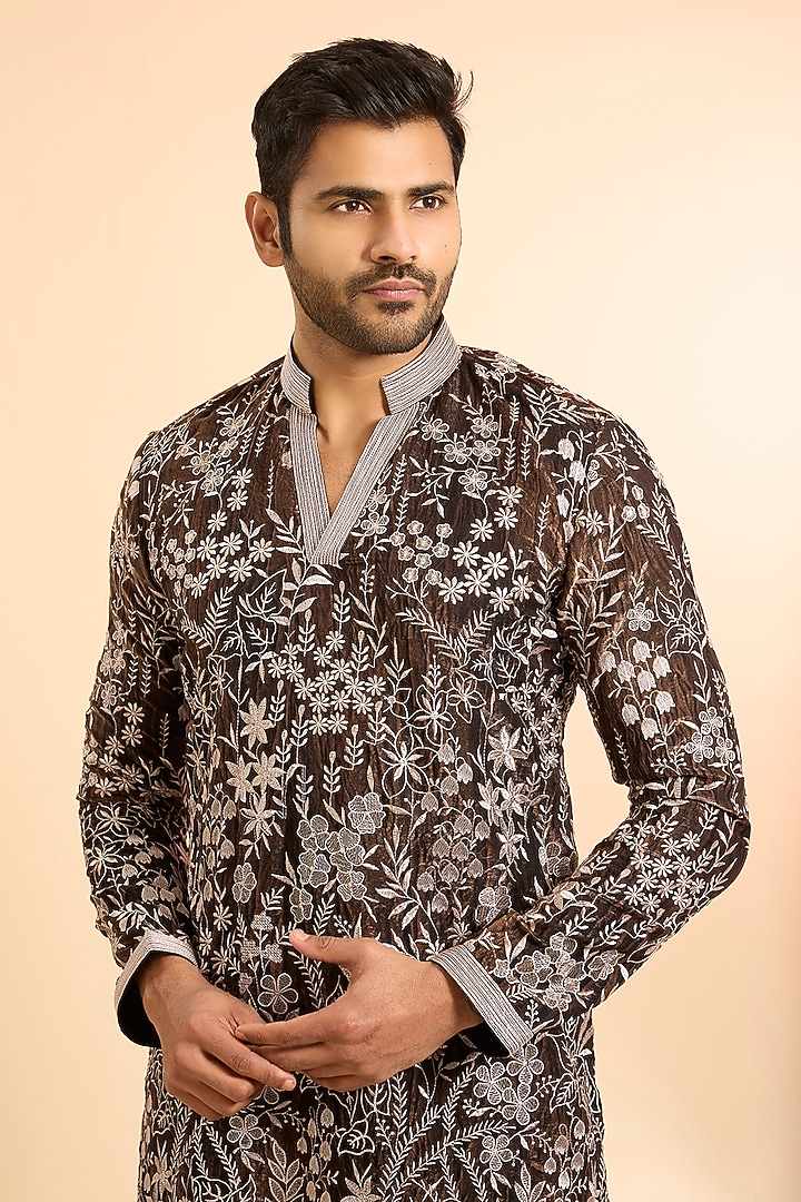 Black Tissue Silk Threadwork Kurta Set by Nero by Shaifali & Satya at Pernia's Pop Up Shop