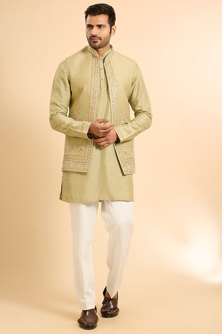 Green Silk Handwork Open Bundi Jacket Set by Nero by Shaifali & Satya at Pernia's Pop Up Shop