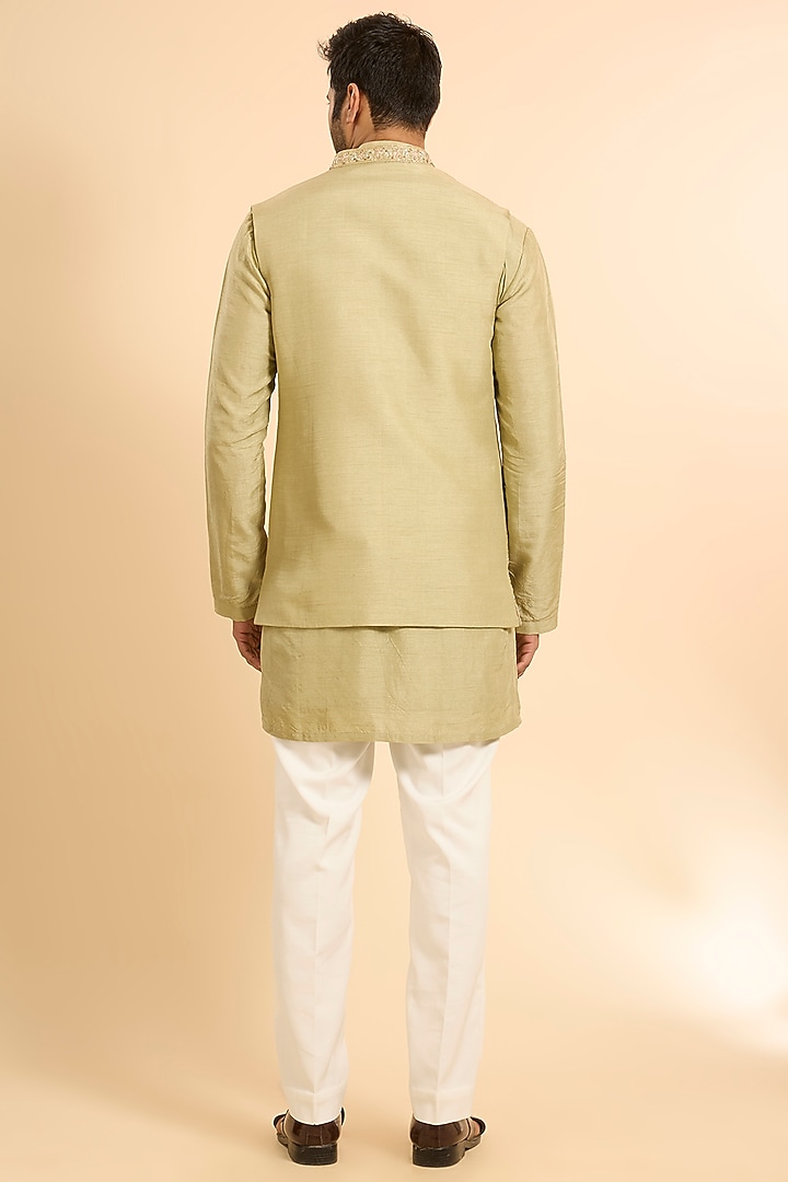 Green Silk Handwork Open Bundi Jacket Set by Nero by Shaifali & Satya at Pernia's Pop Up Shop