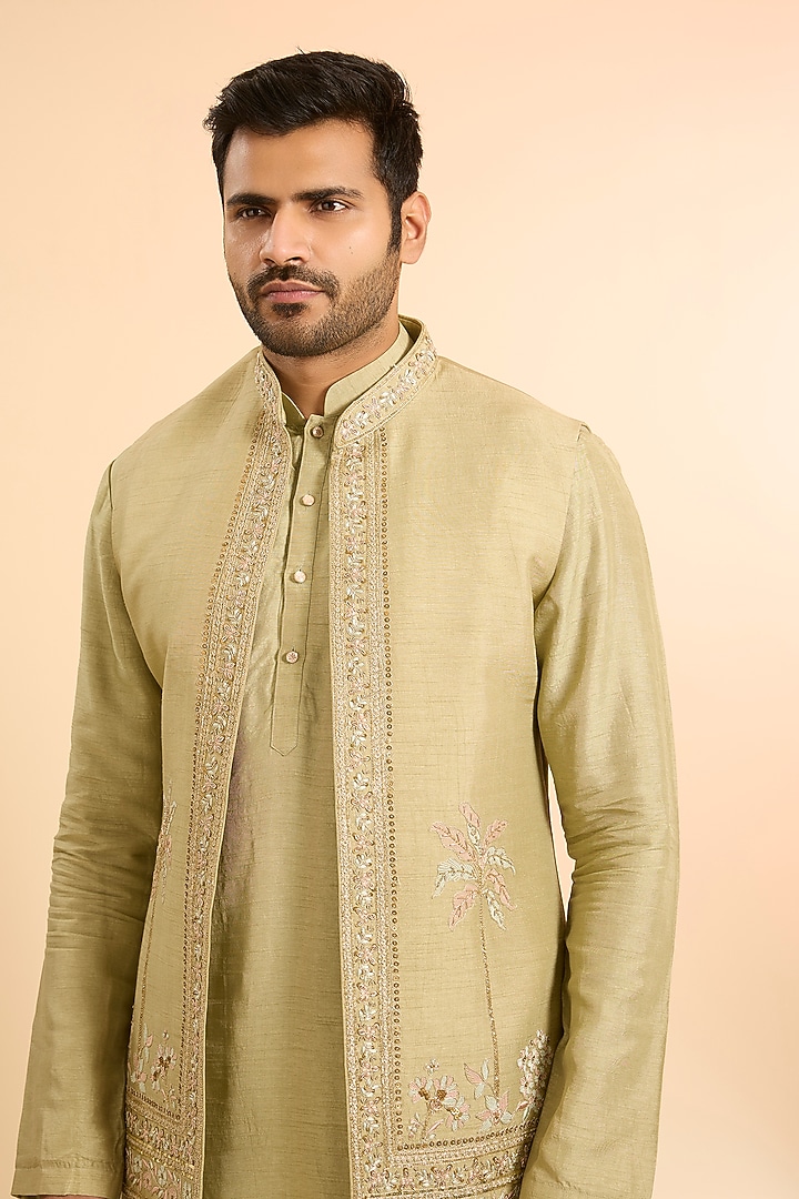 Green Silk Handwork Open Bundi Jacket Set by Nero by Shaifali & Satya at Pernia's Pop Up Shop
